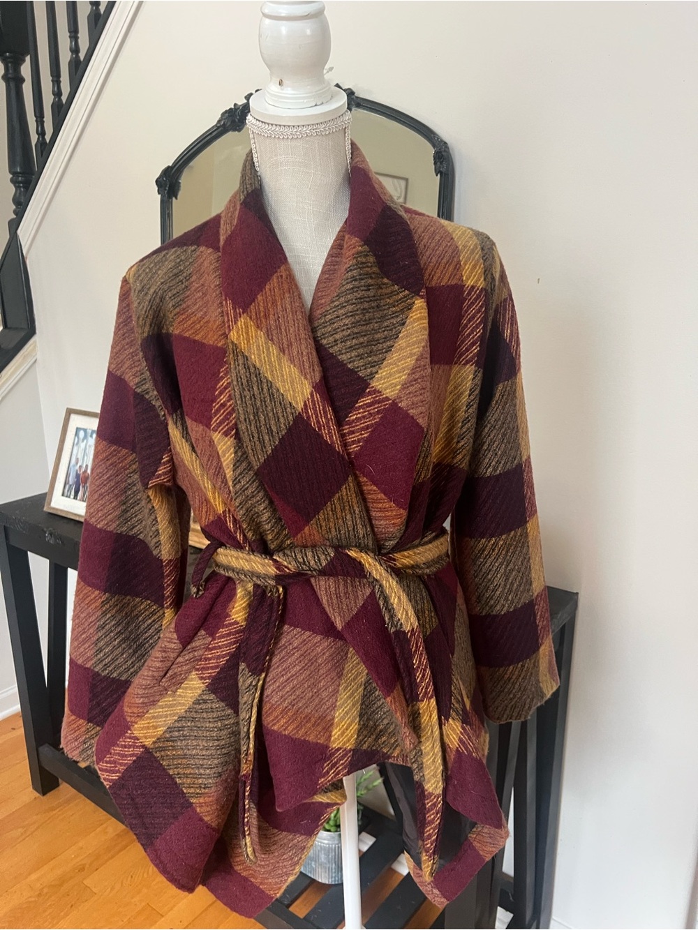 Plaid Wrap Robe in Burgundy and Mustard